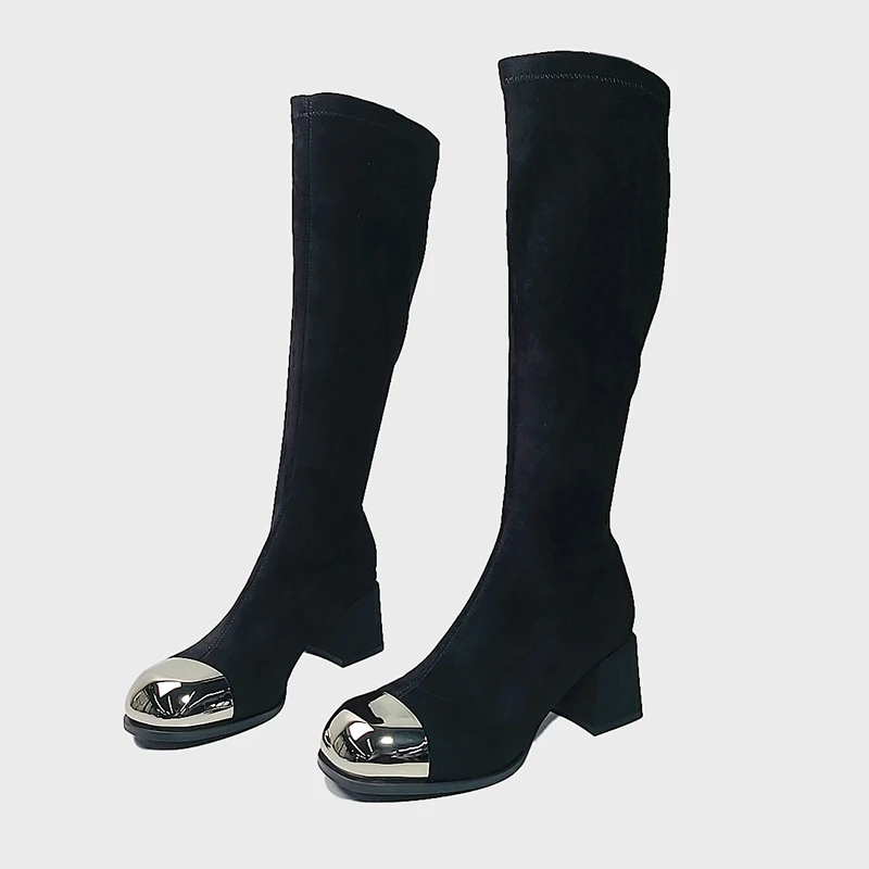 【小呆鸟专享】秋冬新24时尚百搭金属圆头粗跟长筒瘦瘦时装靴