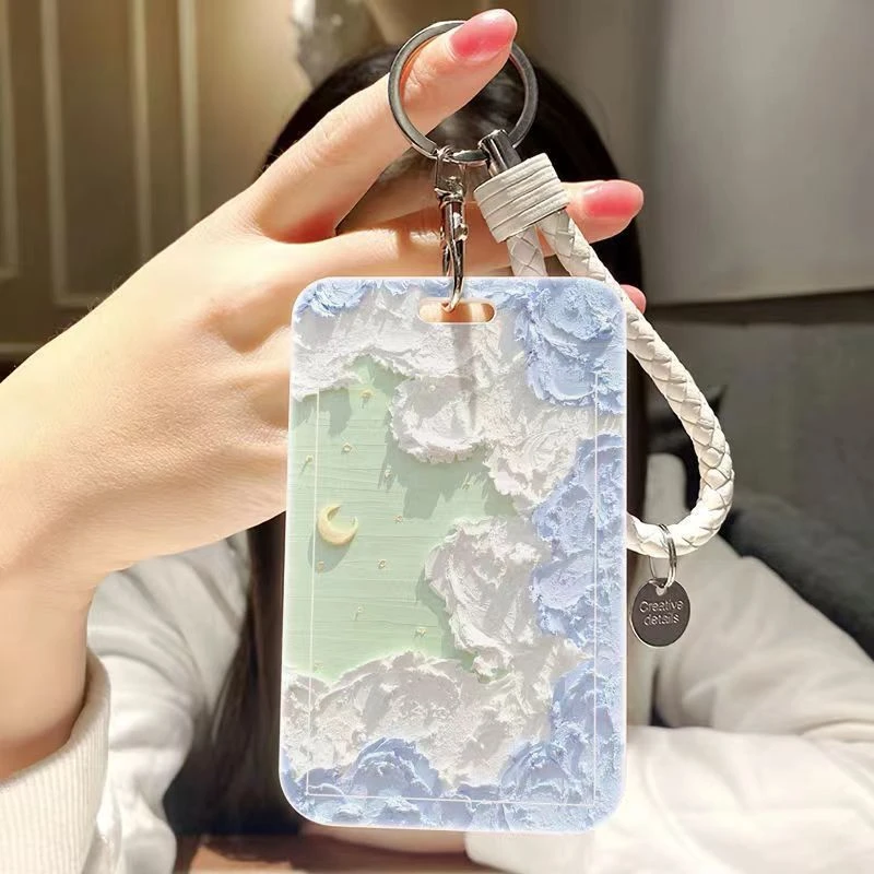 创意油画月亮公交卡保护套学生饭卡校园门禁地铁门卡套钥匙扣女款