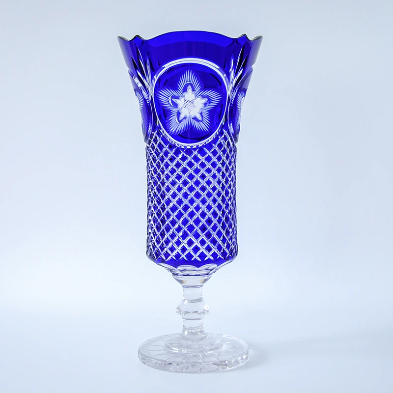 0141 切子水晶磨刻水晶克莱因蓝欧式复古花瓶已开放心拍