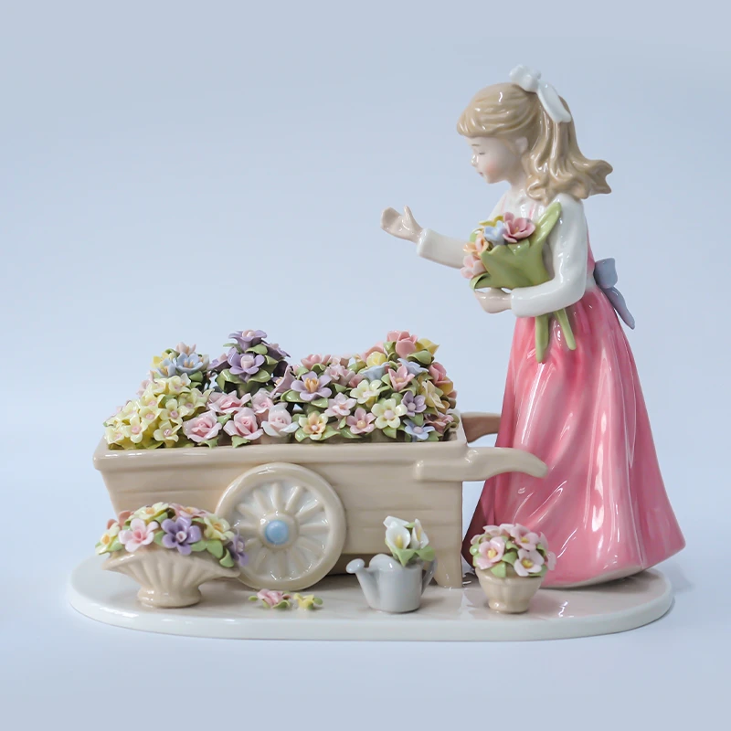0241 cosmos高温瓷欧式复古手工家居摆件粉裙推花车女孩