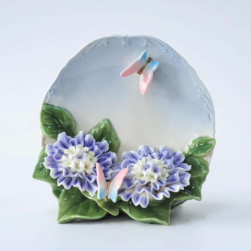 0253  cosmos高温瓷欧式复古家居摆件紫色大丽花赏盘壁饰