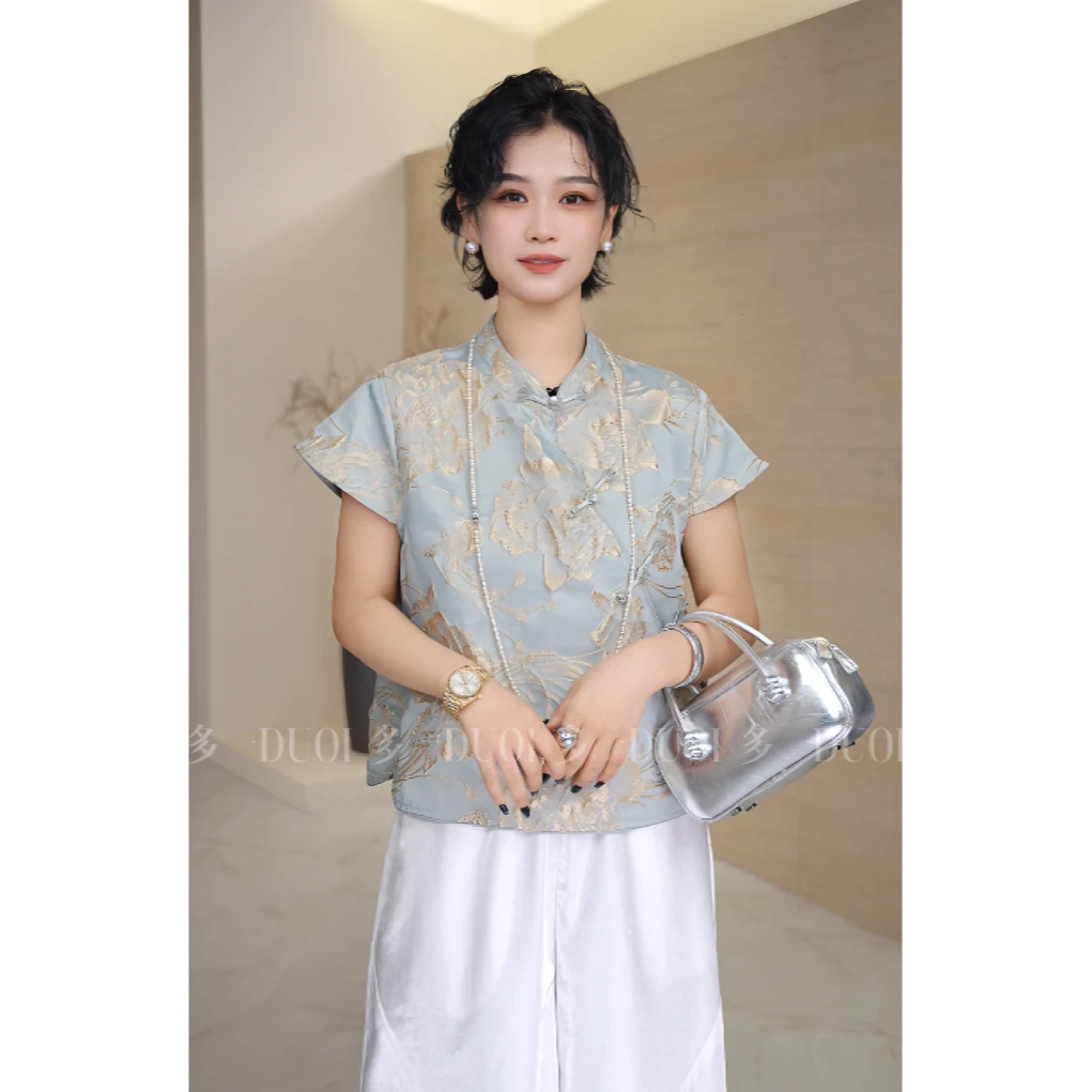 多一“金玉海棠”2024夏季国风立体烫金提花款盖袖斜襟立领上衣