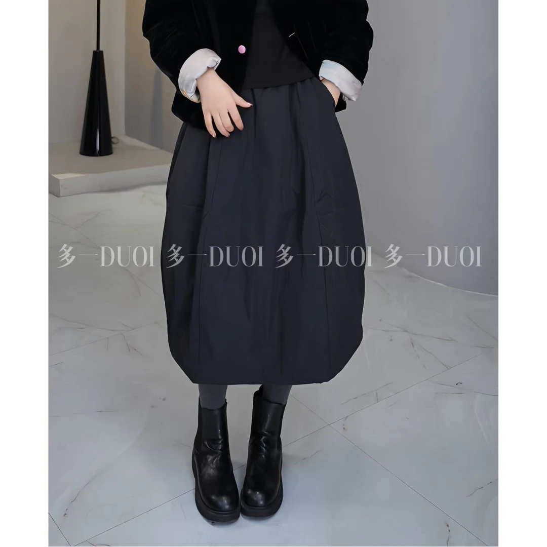多一“松露”2024冬季高腰立体剪裁带口袋加棉保暖显瘦花苞半身裙