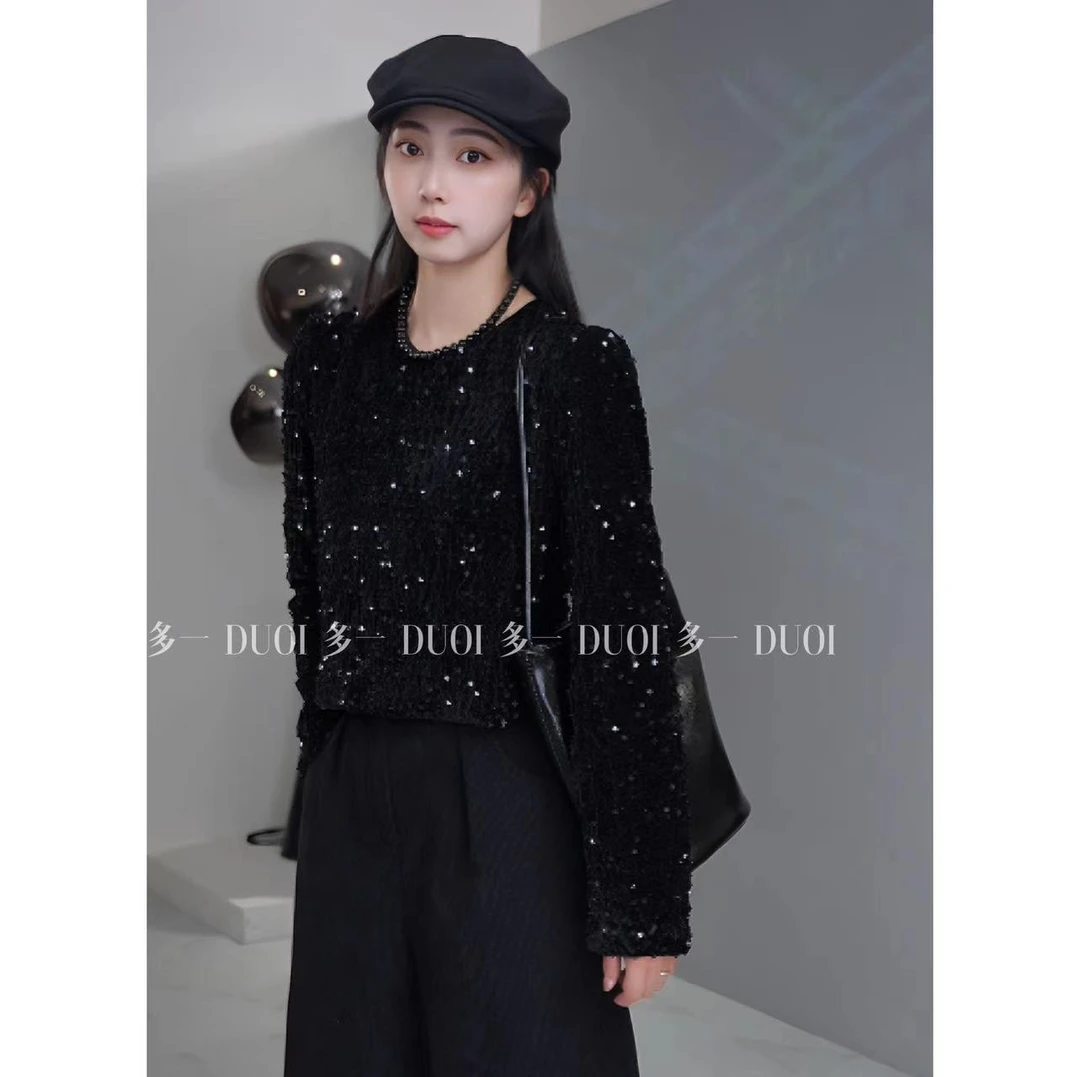 多一“金秋”2024秋季法式复古亮片圆领百搭气质上衣