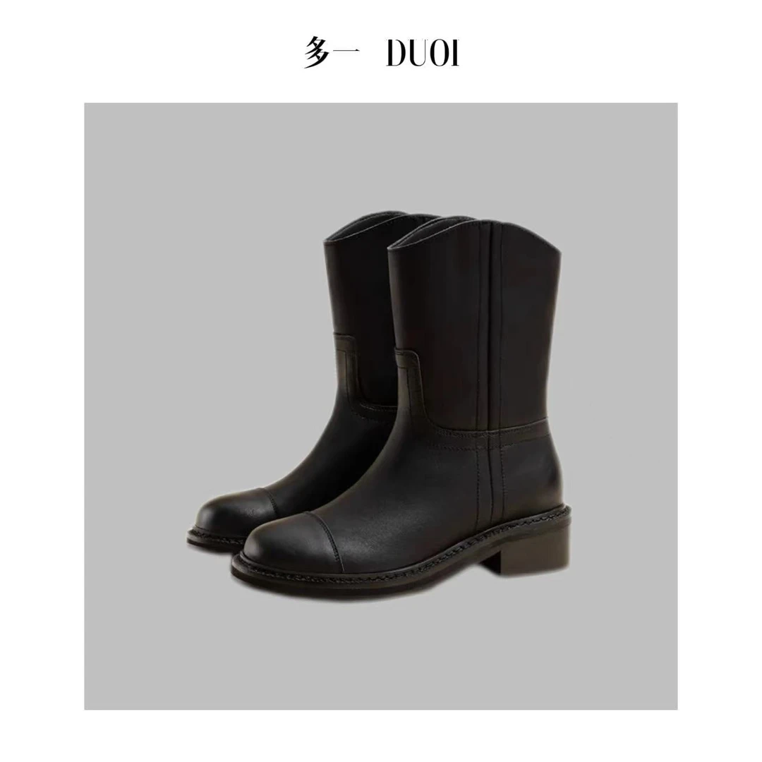 多一"骑士靴"2024复古厚底小圆头中筒套脚高级感马丁靴
