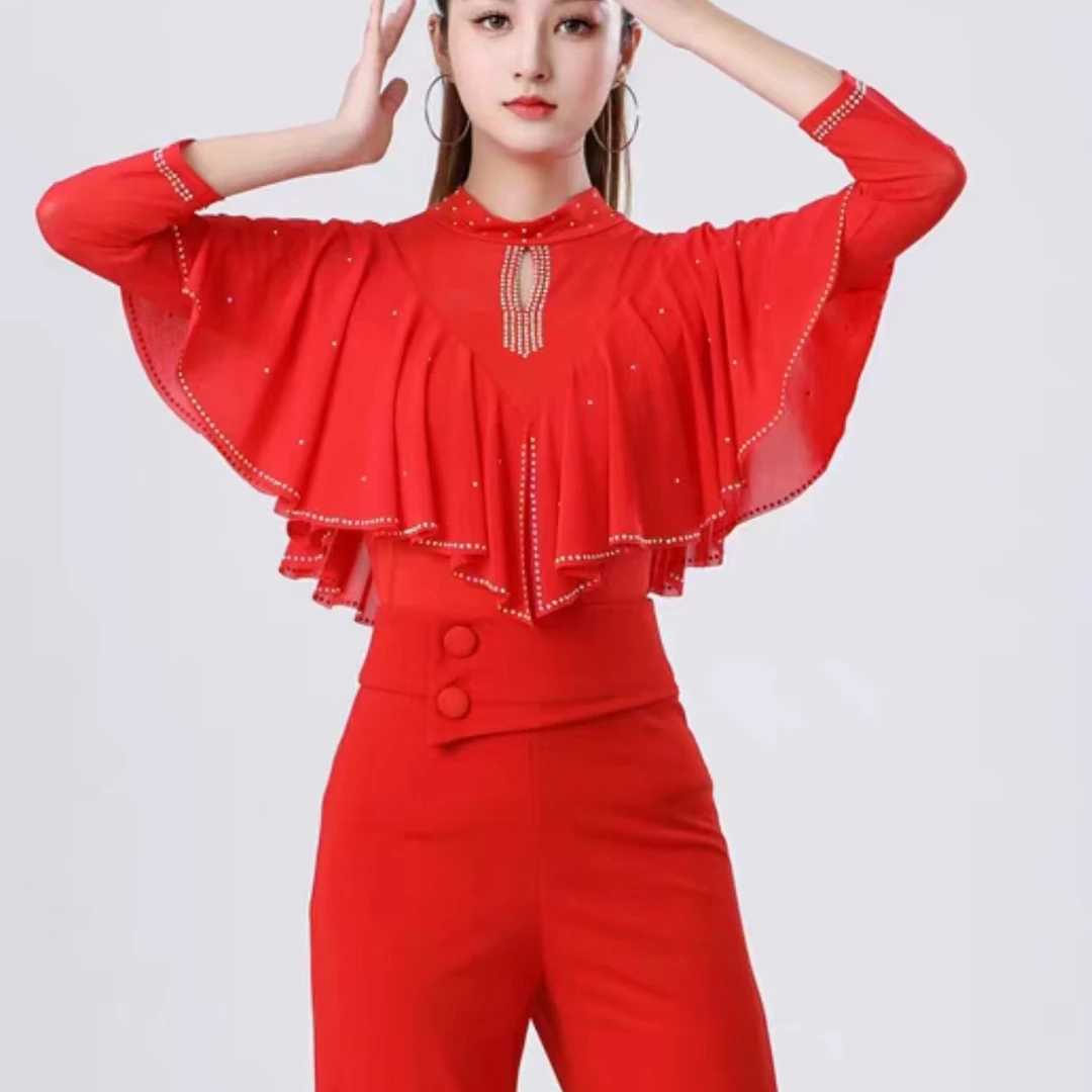 2023时尚新款高领荷叶烫钻连体舞蹈上衣百搭圆领时尚长袖镶钻显瘦