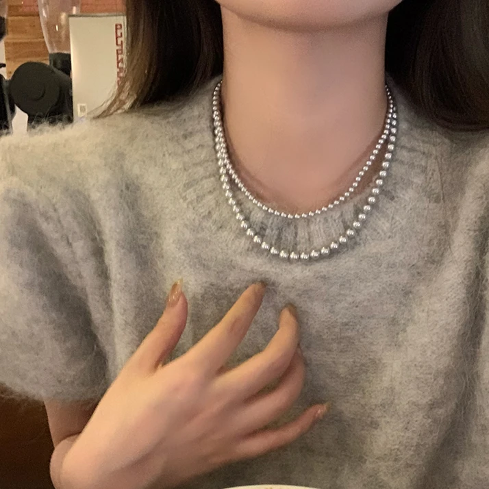 合金仿珍珠项链 法式复古灰珠珠项链高级感气质百搭毛衣链C146