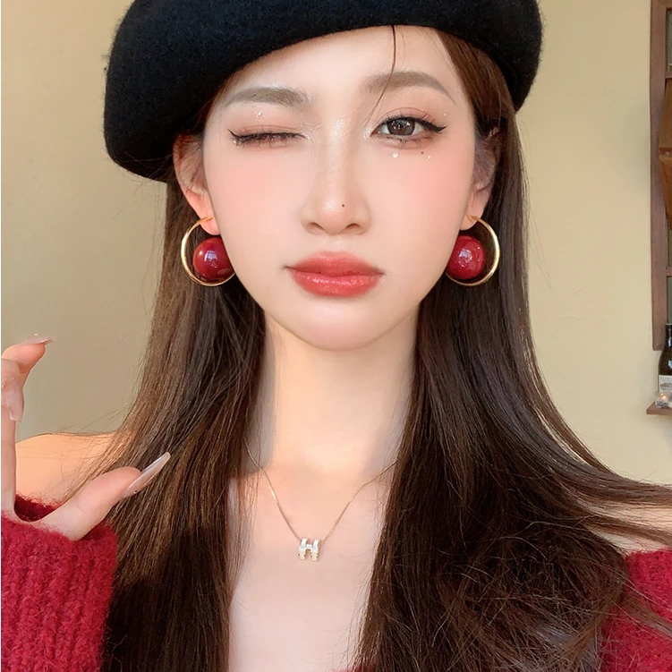 铜合金仿珍珠耳饰 新年红色夸张大珠珠耳钉女耳环小众设计耳饰110