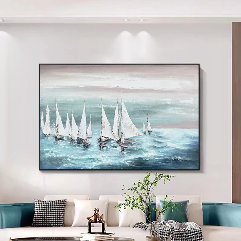 古荷画仓轻奢现代风手绘油画帆船一帆沙发背景墙客厅卧室简约摆件