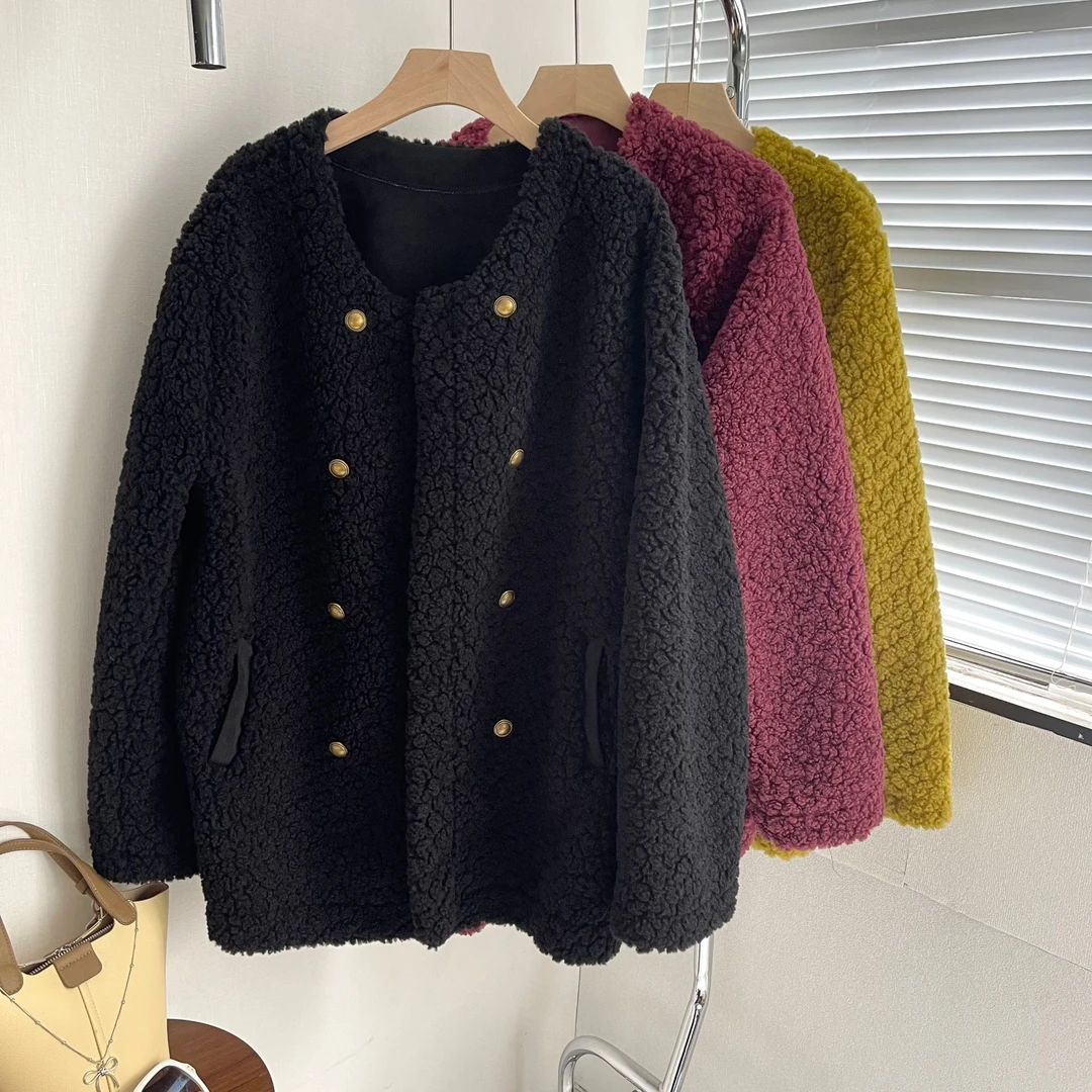 芊芊大码双排扣颗粒绒短外套宽松显瘦时尚百搭 897