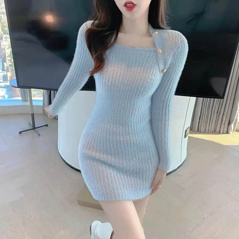 蓝色方领针织连衣裙女春秋秋冬小个子修身包臀裙子紧身纯欲风短裙