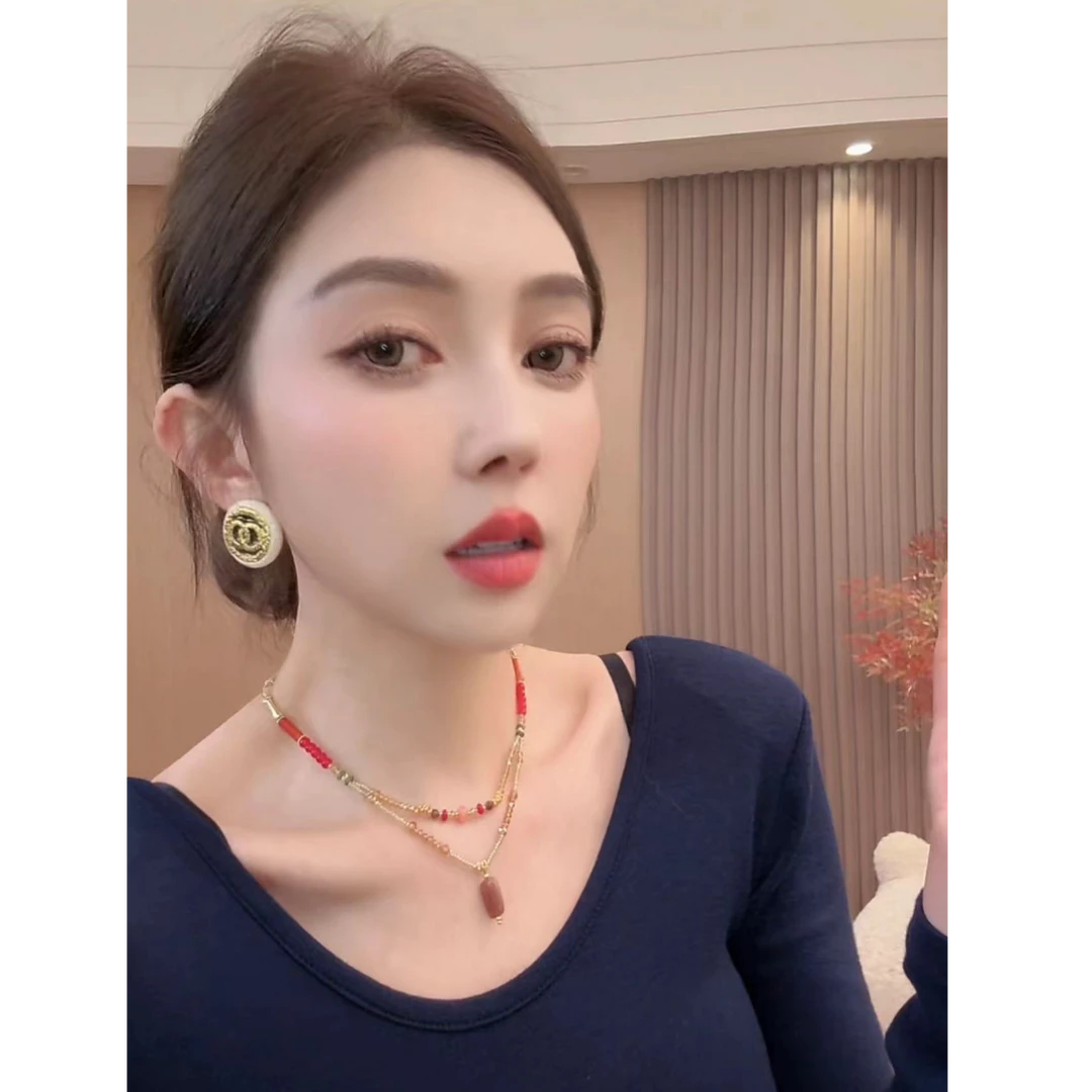 钛钢仿水晶项链 I24 手工串珠双层锁骨链 新中式叠戴项链B2426010