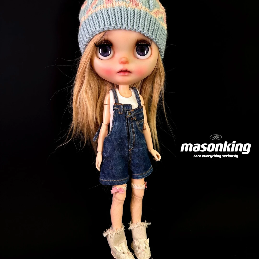 mason手作Blythe娃衣天空蓝牛仔水洗背带短裤ob11