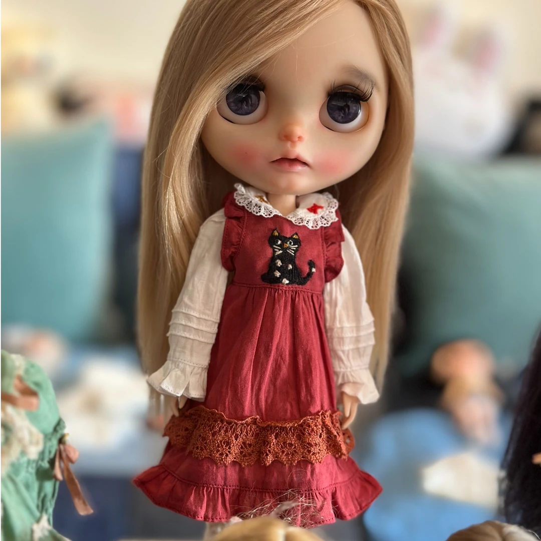 mason手作娃衣Blythe黑猫刺绣连衣裙三点套装