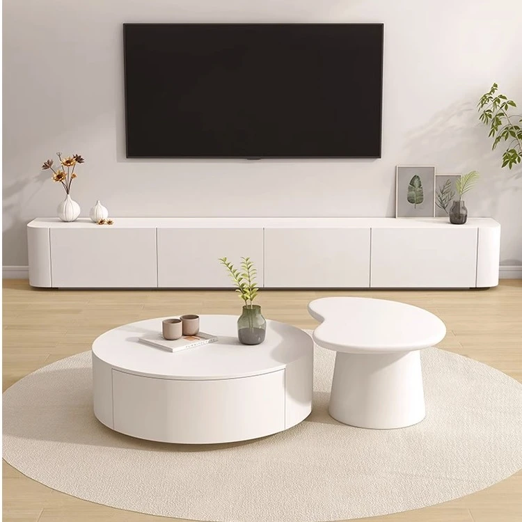 北欧奶油风白色烤漆电视柜茶几组合客厅新款现代简约电视机柜圆形