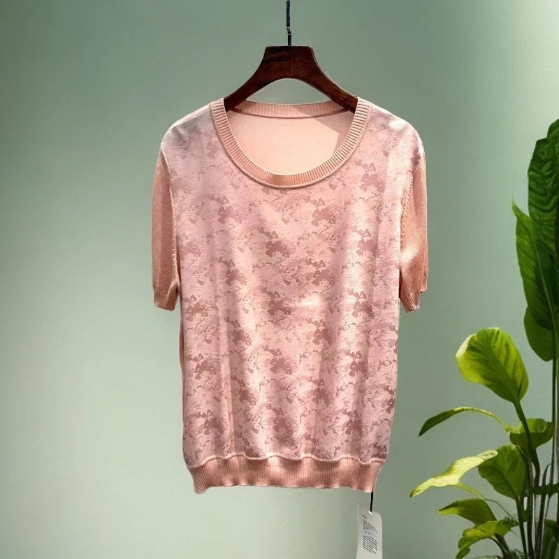 【2024夏季新款】 SS24112夏提花缎拼接针织短袖圆领