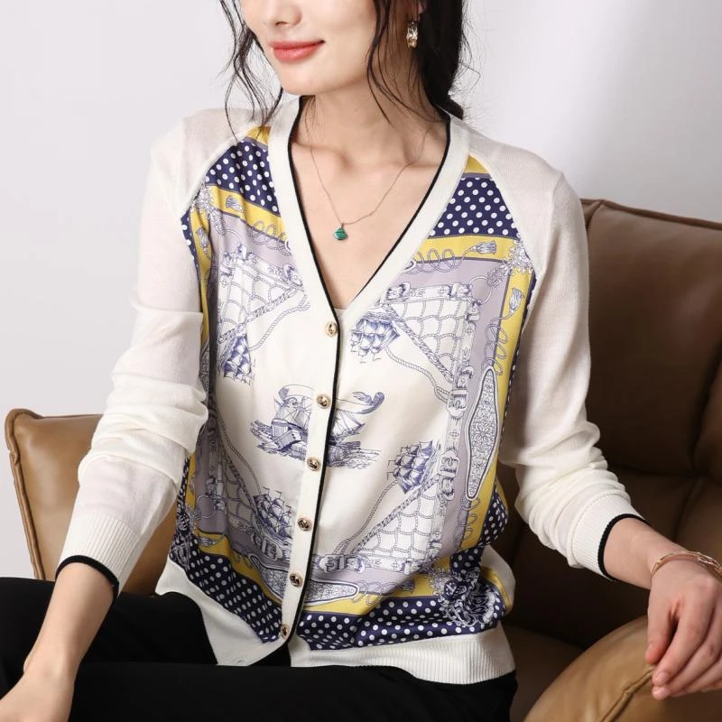 M【2024秋季新品】20972重磅桑蚕丝帆船印花拼开衫气质外套长袖