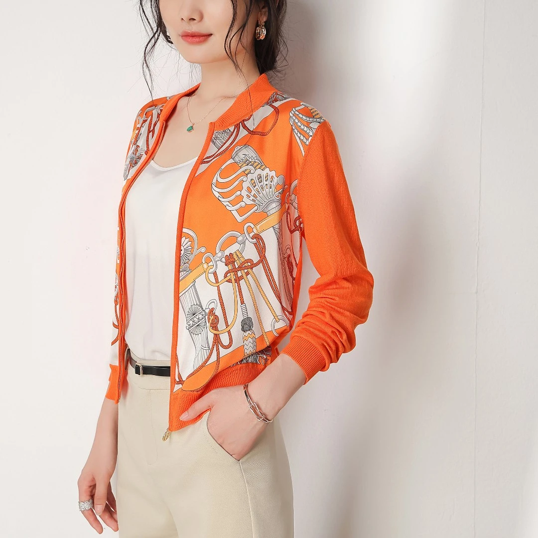 BELISH/碧丽偲【桑蚕丝印花法式时尚百搭减龄拉链棒球服22013休闲