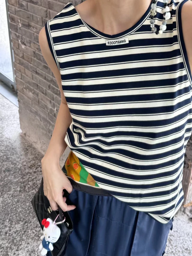 ANNAMOOER设计师品牌2024夏季新款百搭黑白条纹背心宽松
