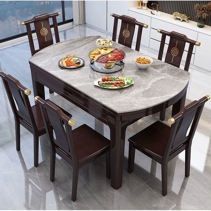 橡胶木中式餐厅家具可伸缩折叠桌椅组合带电磁炉家用小户型