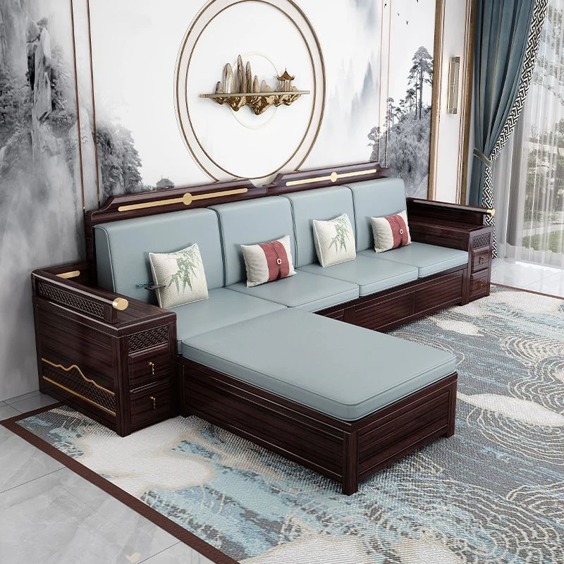 实木沙发新中式客厅家用小户型抽象图案榫卯结构金丝檀木做旧风格