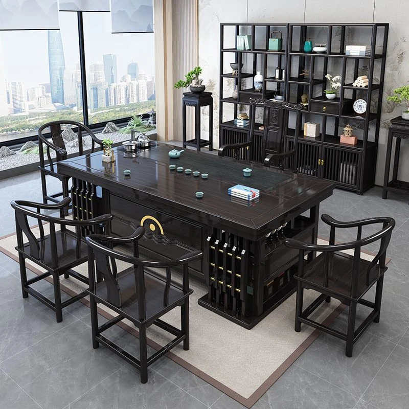 新中式茶桌椅组合茶桌一体一整套家用茶桌办公室茶台黑檀色泡茶台