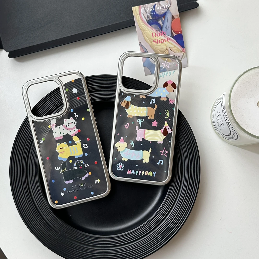 适用苹果15电镀银框iPhone14pro手机壳华为p60多巴胺猫咪oppo防摔