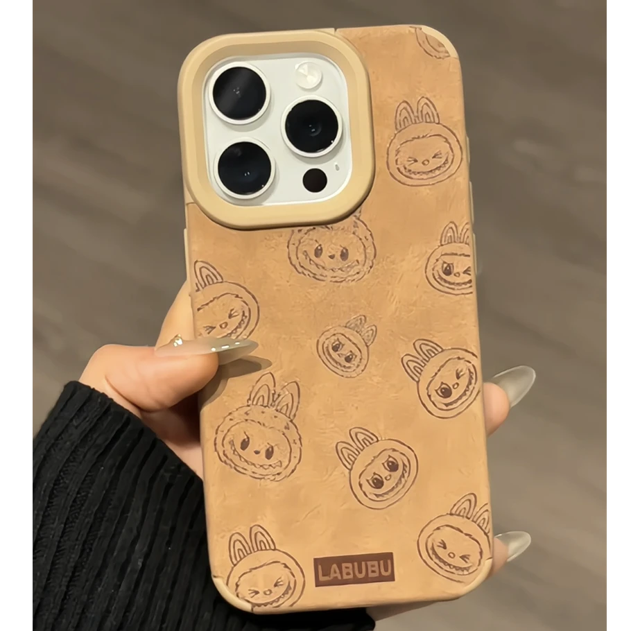 大孔翻毛皮适用iPhone16防摔全包可爱苹果12满屏线条拉布布手机壳