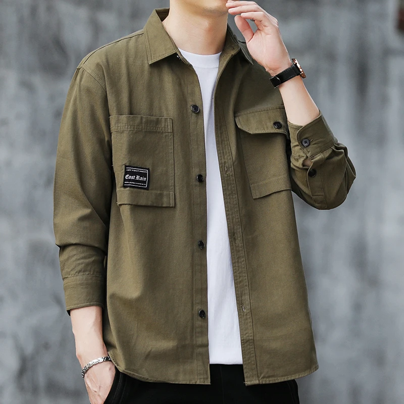 秋季新款男士纯棉长袖衬衫法式工装衬衣痞帅抗皱休闲上衣外套潮流
