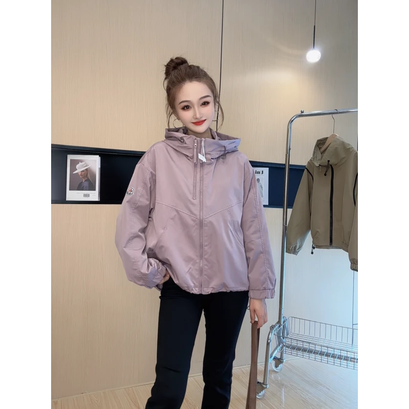 春季新款女设计感时尚宽松双拉链连帽运动休闲纯色冲锋衣外套短款