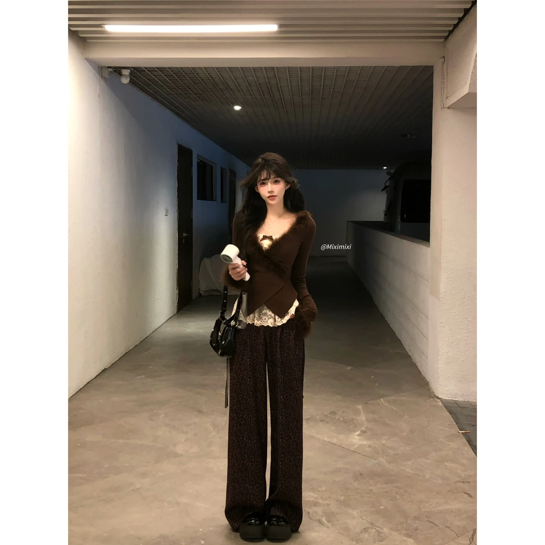 瑞茜·威瑟斯 甜欲教主 复古气质显瘦直筒豹纹垂感休闲裤R6561-2H