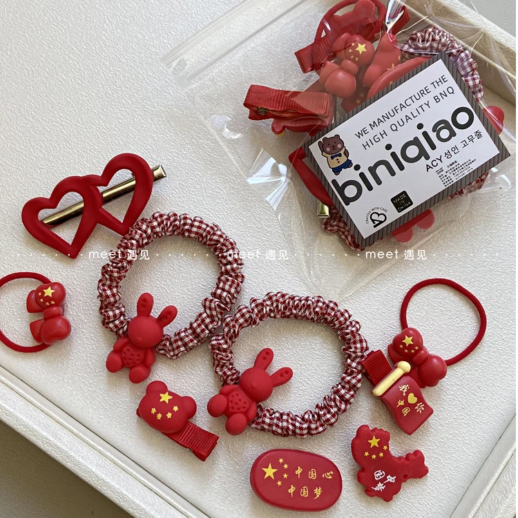 春夏款喜庆时尚红色中国心发绳女童可爱手工边夹不伤发不勒发头绳