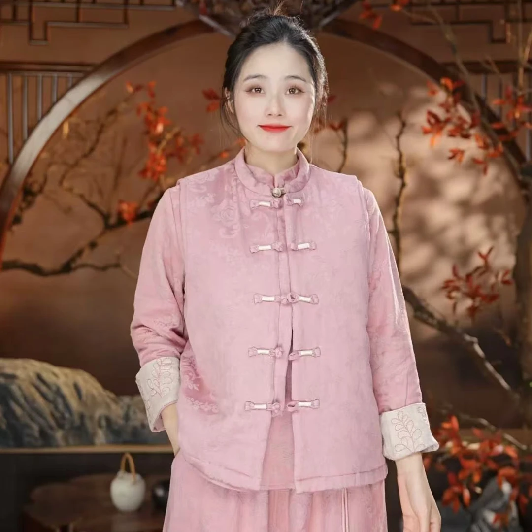 尘暮秋冬新款纯色国风加棉盘扣马甲1806