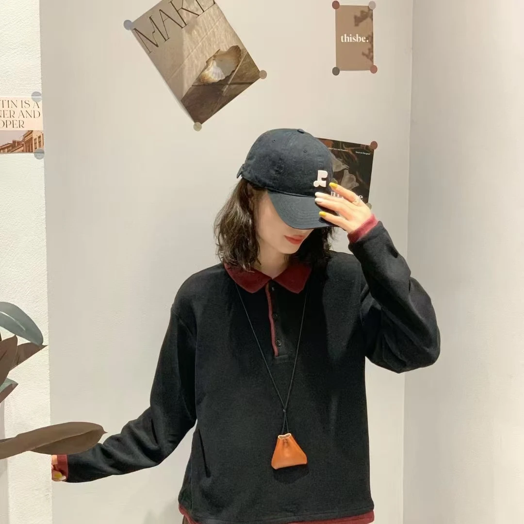 叙境复古撞色翻领打底衫百搭休闲上衣5318