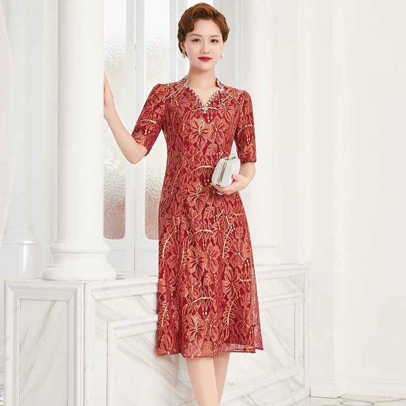 多丽琦金线蕾丝婚礼宴礼服女夏季妈妈装连衣裙中长改良旗袍连衣裙