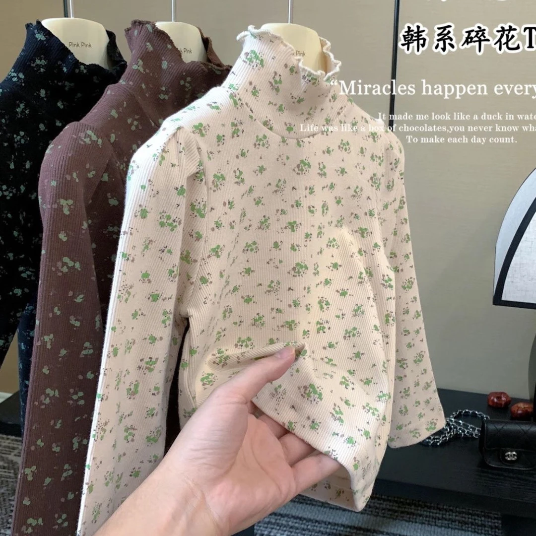 2023秋装儿童韩版童装女宝宝洋气复古碎花女童木耳边高领打底衫潮