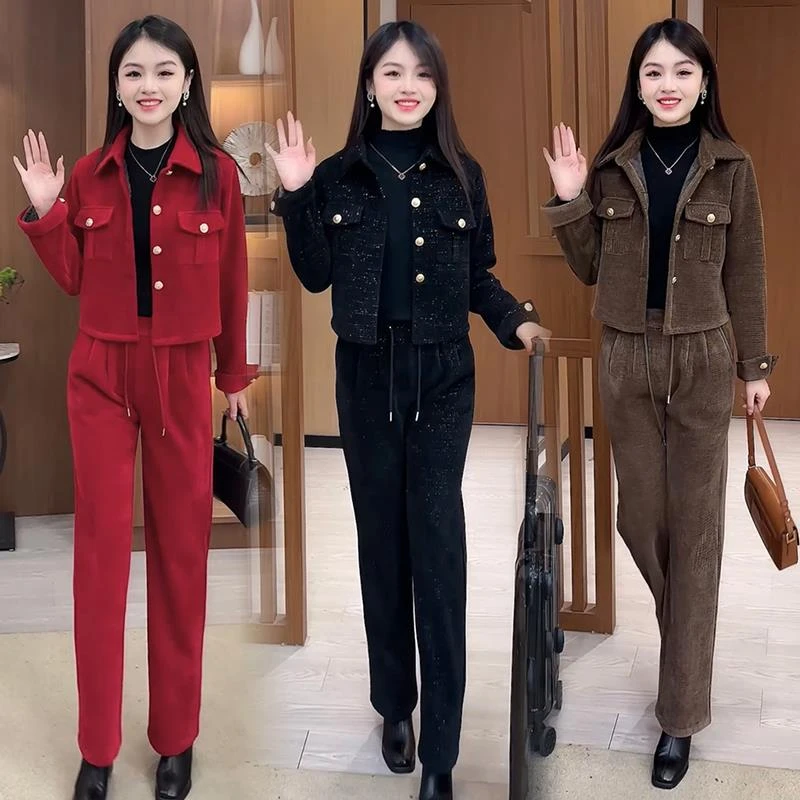 加绒加厚时尚套装女2023冬季新款洋气质短外套阔腿裤休闲两件套潮