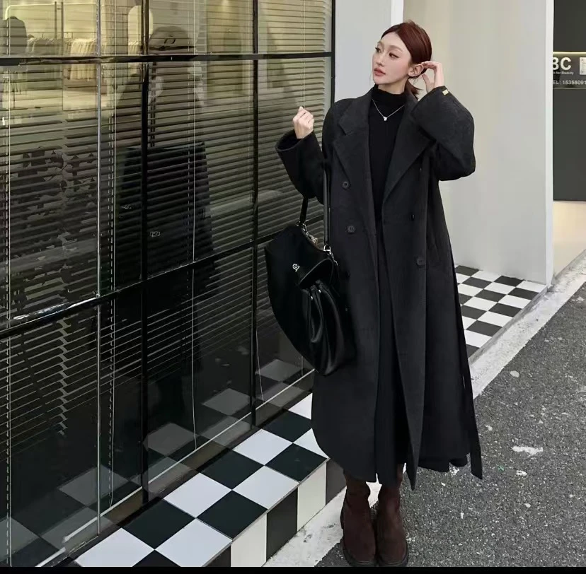 现货秋冬款双面绒大衣女系带中长款毛呢外套保暖宽松百搭西装领
