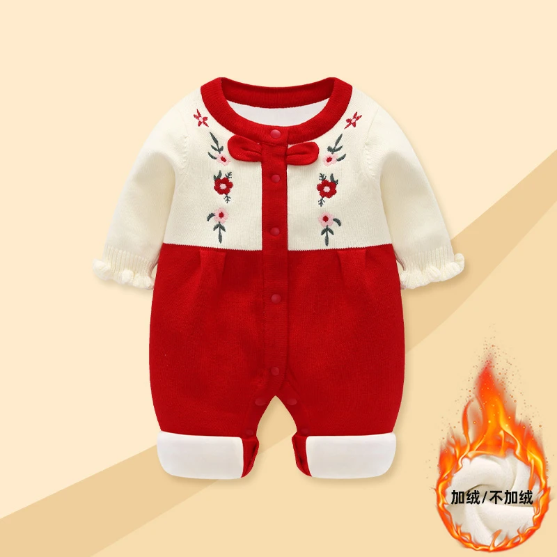 婴儿衣服秋冬连体衣女宝宝新生儿满月百天红色周岁礼服哈衣爬服