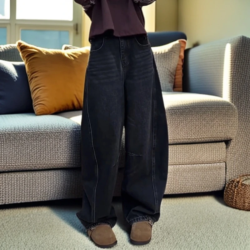 宽松窄版阔腿牛仔裤子女款梨形身材显瘦新款秋季网红裤大码弯刀裤