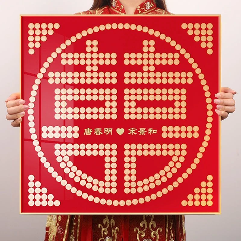 硬币喜字diy手工制作百喜图相框囍字模板自粘带框结婚礼物送新娘