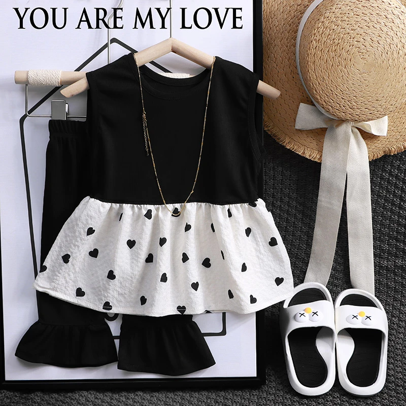 女童爱心花苞上衣喇叭裤女宝新款韩版洋气套装女孩时尚两件套T