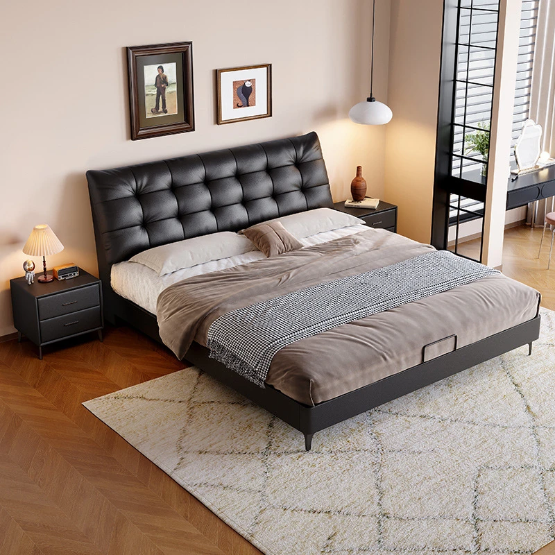 意式极简华夫格真皮床主卧软包双人床高端大气婚床现代简约储物床