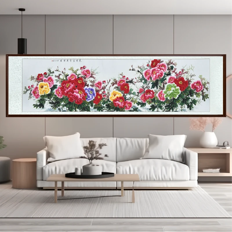 《花开富贵盛世图》金华纯手绘共30平尺国画牡丹背景画