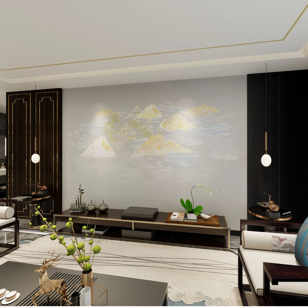 五彩金山 新中式刺绣背景 沙发背景 茶室背景 书房背景