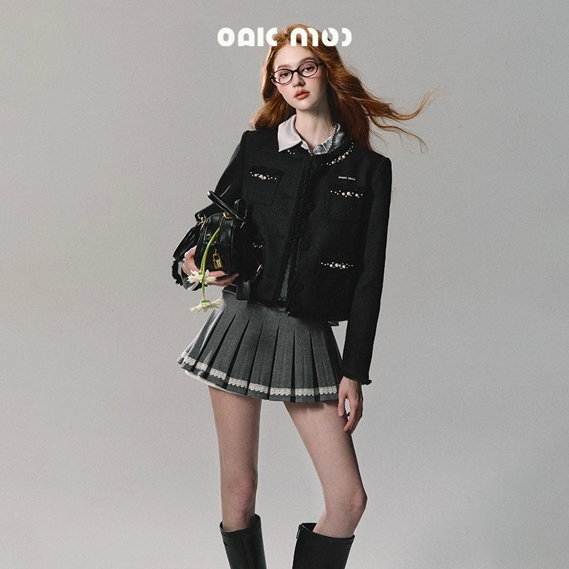 OAKMOO/ "东方松木香" 珍珠钉珠短外套休闲气质外搭小香风西装女