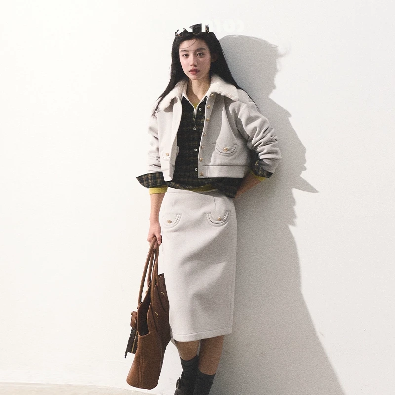 OAKMOO/ "棉花般轻盈"毛毛领千金感套装秋冬可拆卸上衣半裙两件套