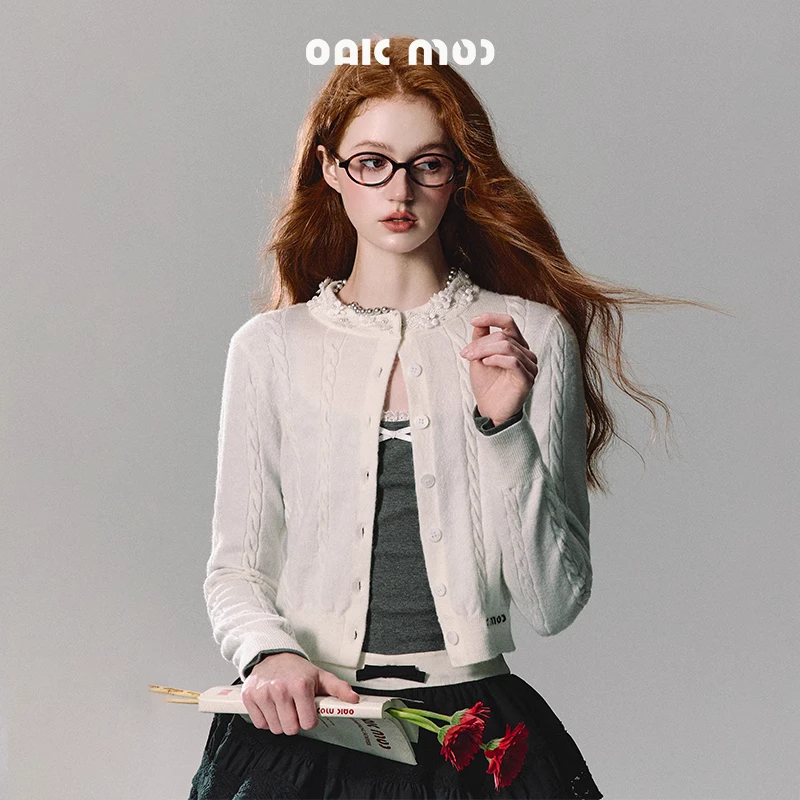 OAKMOO/ "朦胧的露珠"珍珠蕾丝双色针织衫女空调防晒修身开衫上衣