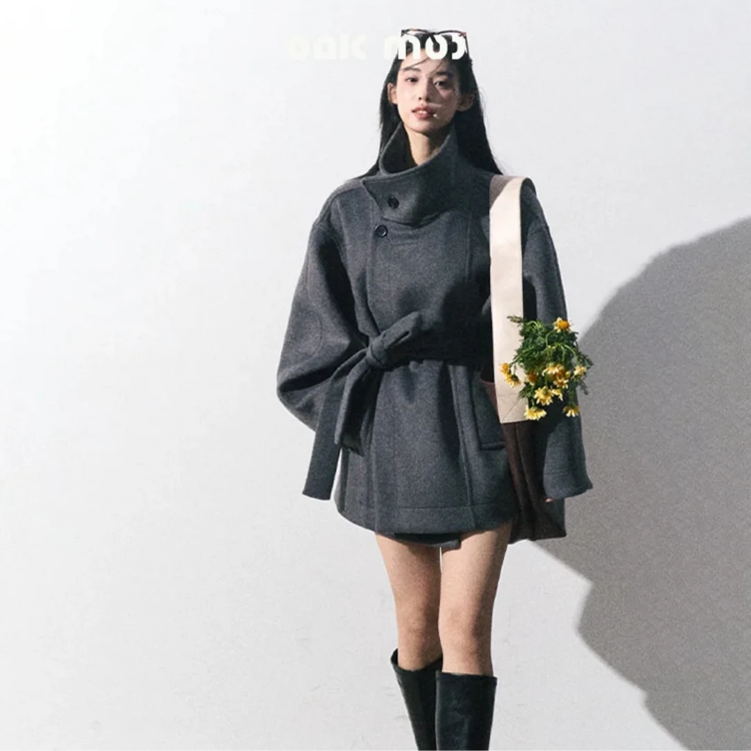 OAKMOO/ "时间的呼吸"重磅羊毛立领短款毛呢外套冬收腰双面呢大衣