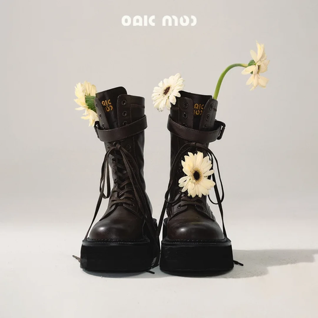 OAKMOO/ "花与女孩"头层小牛皮刺绣绑带短靴鞋子羊皮内里复古皮靴